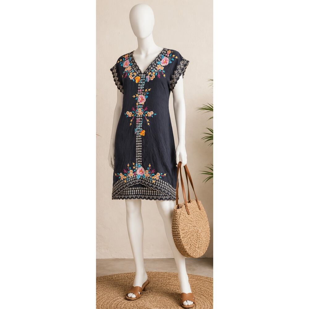 Johnny Was Embroidered Keva Floral Tunic Dress Cupra Rayon Boho Cottagecore M